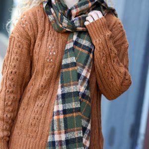 Army Green Taupe & Orange Plaid Frayed Scarf